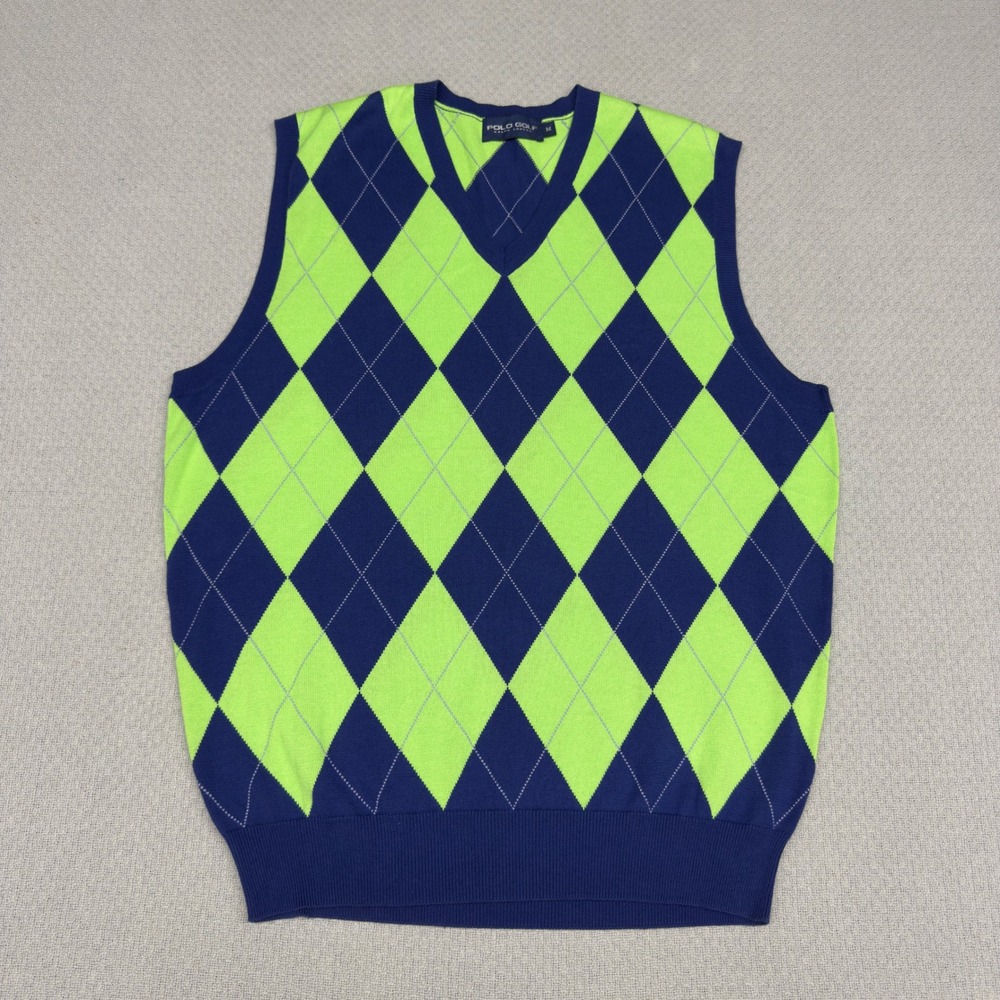Polo Golf Ralph Lauren Mens Argyle Sweater Vest V Neck Green Blue Mens Medium